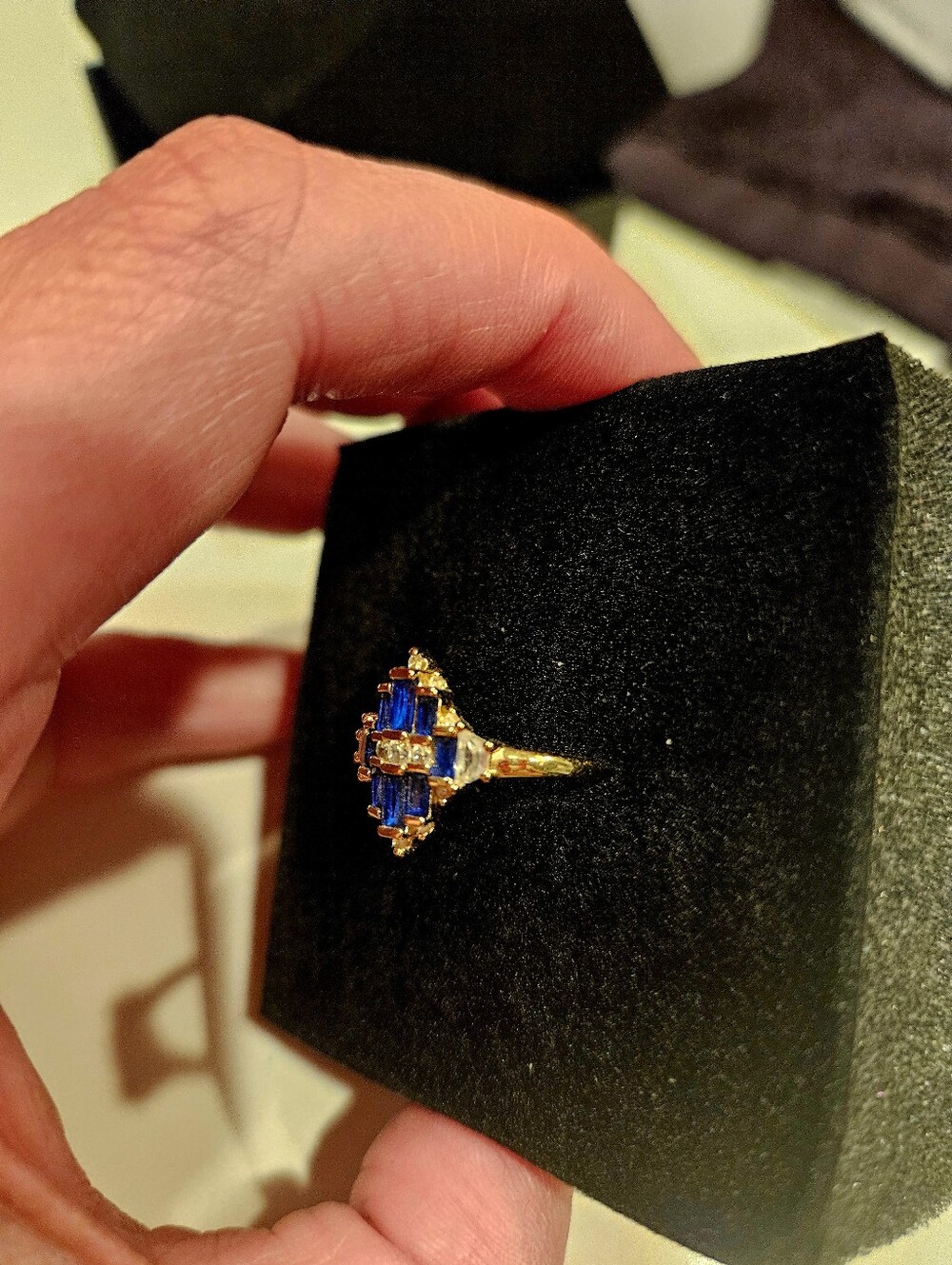 Art Deco Shield Ring - Blue, White Crystals, Yellow Gold Tone - Picture 2 of 2